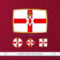 Set of Northern Ireland flags with gold frame for use at sporting events on a burgundy abstract background. vector