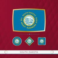 Set of South Dakota flags with gold frame for use at sporting events on a burgundy abstract background. vector