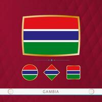 Set of Gambia flags with gold frame for use at sporting events on a burgundy abstract background. vector