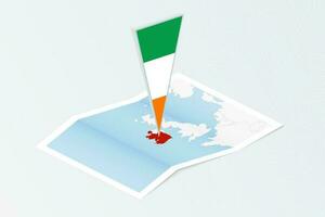 Isometric paper map of Ireland with triangular flag of Ireland in isometric style. Map on topographic background. vector