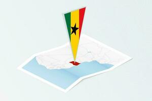 Isometric paper map of Ghana with triangular flag of Ghana in isometric style. Map on topographic background. vector