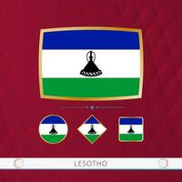 Set of Lesotho flags with gold frame for use at sporting events on a burgundy abstract background. vector