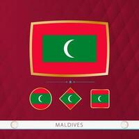 Set of Maldives flags with gold frame for use at sporting events on a burgundy abstract background. vector