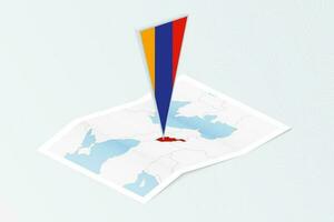 Isometric paper map of Armenia with triangular flag of Armenia in isometric style. Map on topographic background. vector