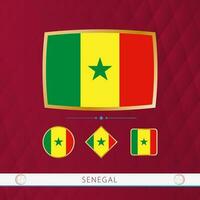 Set of Senegal flags with gold frame for use at sporting events on a burgundy abstract background. vector