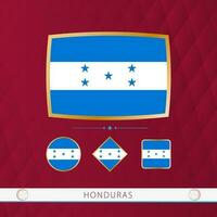 Set of Honduras flags with gold frame for use at sporting events on a burgundy abstract background. vector