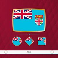 Set of Fiji flags with gold frame for use at sporting events on a burgundy abstract background. vector