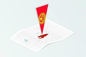 Isometric paper map of Kyrgyzstan with triangular flag of Kyrgyzstan in isometric style. Map on topographic background. vector