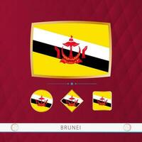 Set of Brunei flags with gold frame for use at sporting events on a burgundy abstract background. vector