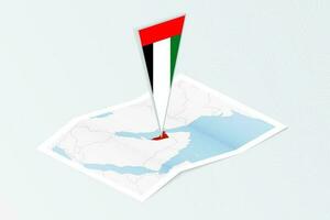 Isometric paper map of United Arab Emirates with triangular flag of United Arab Emirates in isometric style. Map on topographic background. vector