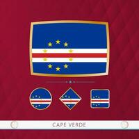 Set of Cape Verde flags with gold frame for use at sporting events on a burgundy abstract background. vector