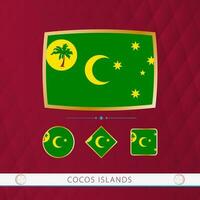 Set of Cocos Islands flags with gold frame for use at sporting events on a burgundy abstract background. vector