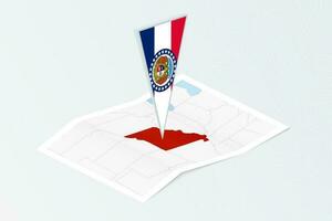 Isometric paper map of Missouri with triangular flag of Missouri in isometric style. Map on topographic background. vector