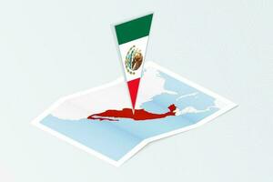 Isometric paper map of Mexico with triangular flag of Mexico in isometric style. Map on topographic background. vector