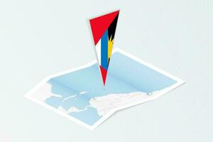 Isometric paper map of Antigua and Barbuda with triangular flag of Antigua and Barbuda in isometric style. Map on topographic background. vector