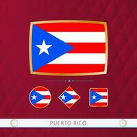 Set of Puerto Rico flags with gold frame for use at sporting events on a burgundy abstract background. vector