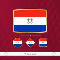 Set of Paraguay flags with gold frame for use at sporting events on a burgundy abstract background. vector