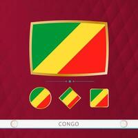 Set of Congo flags with gold frame for use at sporting events on a burgundy abstract background. vector