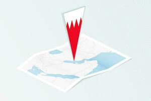 isométrica papel mapa de bahrein con triangular bandera de bahrein en isométrica estilo. mapa en topográfico antecedentes. vector