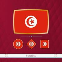 Set of Tunisia flags with gold frame for use at sporting events on a burgundy abstract background. vector