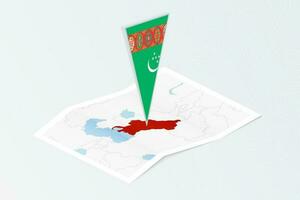 isométrica papel mapa de Turkmenistán con triangular bandera de Turkmenistán en isométrica estilo. mapa en topográfico antecedentes. vector