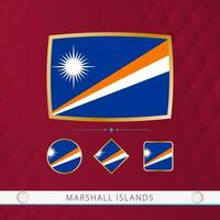 Set of Marshall Islands flags with gold frame for use at sporting events on a burgundy abstract background. vector