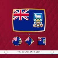 Set of Falkland Islands flags with gold frame for use at sporting events on a burgundy abstract background. vector