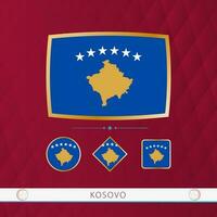 Set of Kosovo flags with gold frame for use at sporting events on a burgundy abstract background. vector