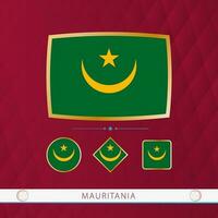 Set of Mauritania flags with gold frame for use at sporting events on a burgundy abstract background. vector