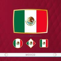 Set of Mexico flags with gold frame for use at sporting events on a burgundy abstract background. vector