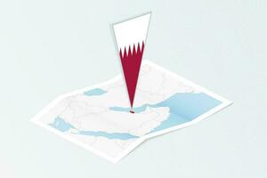 Isometric paper map of Qatar with triangular flag of Qatar in isometric style. Map on topographic background. vector