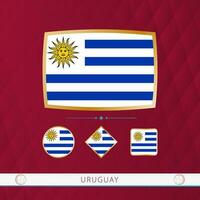 Set of Uruguay flags with gold frame for use at sporting events on a burgundy abstract background. vector