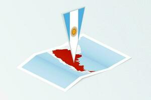 Isometric paper map of Argentina with triangular flag of Argentina in isometric style. Map on topographic background. vector