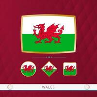 Set of Wales flags with gold frame for use at sporting events on a burgundy abstract background. vector