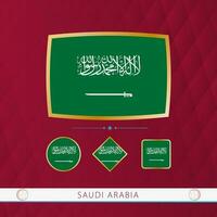 Set of Saudi Arabia flags with gold frame for use at sporting events on a burgundy abstract background. vector