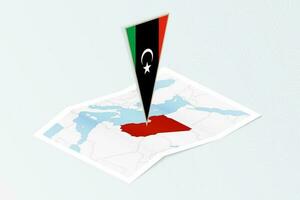 Isometric paper map of Libya with triangular flag of Libya in isometric style. Map on topographic background. vector