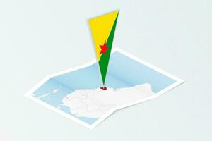 Isometric paper map of French Guiana with triangular flag of French Guiana in isometric style. Map on topographic background. vector