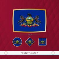 Set of Pennsylvania flags with gold frame for use at sporting events on a burgundy abstract background. vector