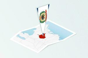 Isometric paper map of West Virginia with triangular flag of West Virginia in isometric style. Map on topographic background. vector