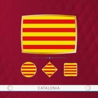 Set of Catalonia flags with gold frame for use at sporting events on a burgundy abstract background. vector