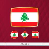 Set of Lebanon flags with gold frame for use at sporting events on a burgundy abstract background. vector