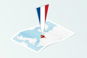 Isometric paper map of Netherlands with triangular flag of Netherlands in isometric style. Map on topographic background. vector