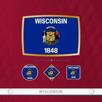 Set of Wisconsin flags with gold frame for use at sporting events on a burgundy abstract background. vector