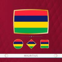 Set of Mauritius flags with gold frame for use at sporting events on a burgundy abstract background. vector