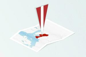 Isometric paper map of Latvia with triangular flag of Latvia in isometric style. Map on topographic background. vector