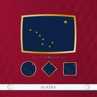 Set of Alaska flags with gold frame for use at sporting events on a burgundy abstract background. vector