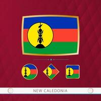 Set of New Caledonia flags with gold frame for use at sporting events on a burgundy abstract background. vector