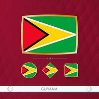 Set of Guyana flags with gold frame for use at sporting events on a burgundy abstract background. vector