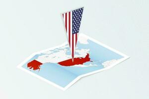 Isometric paper map of USA with triangular flag of USA in isometric style. Map on topographic background. vector