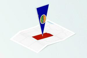 Isometric paper map of Kansas with triangular flag of Kansas in isometric style. Map on topographic background. vector